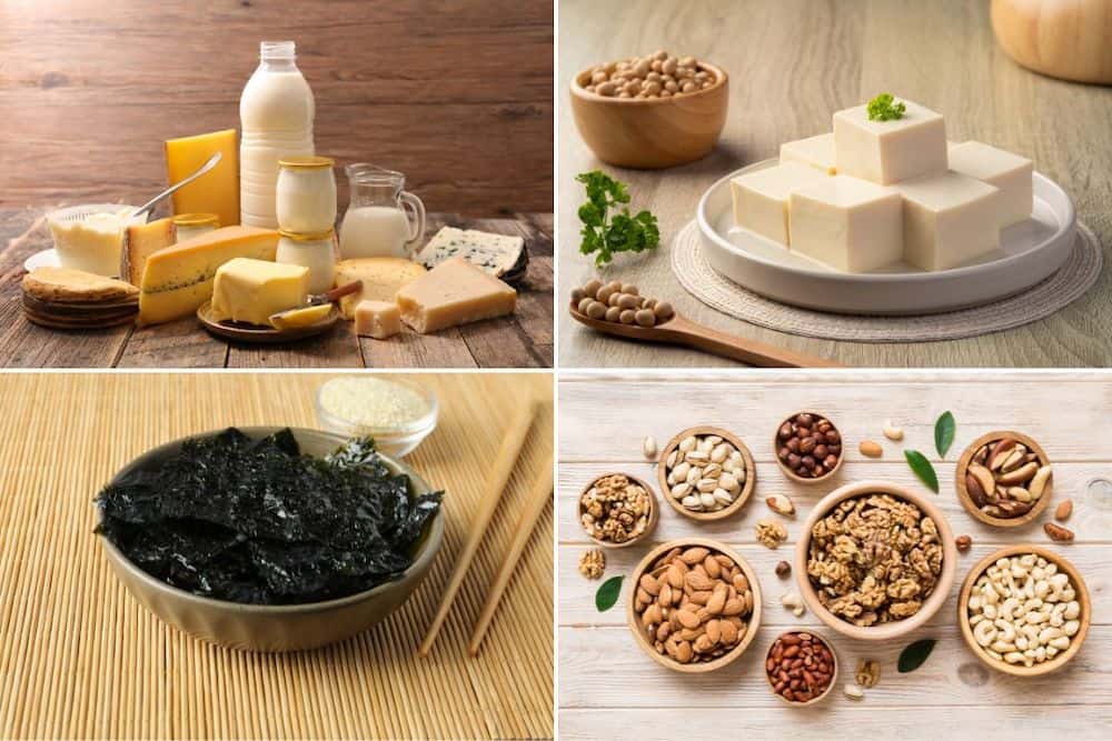 補鈣食物:乳製品、海藻類、豆製品、堅果類